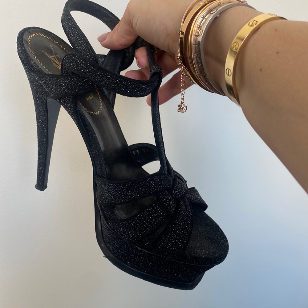 Authentic Saint Laurent TRIBUTE PLATFORM SANDALS IN rare black textures leather